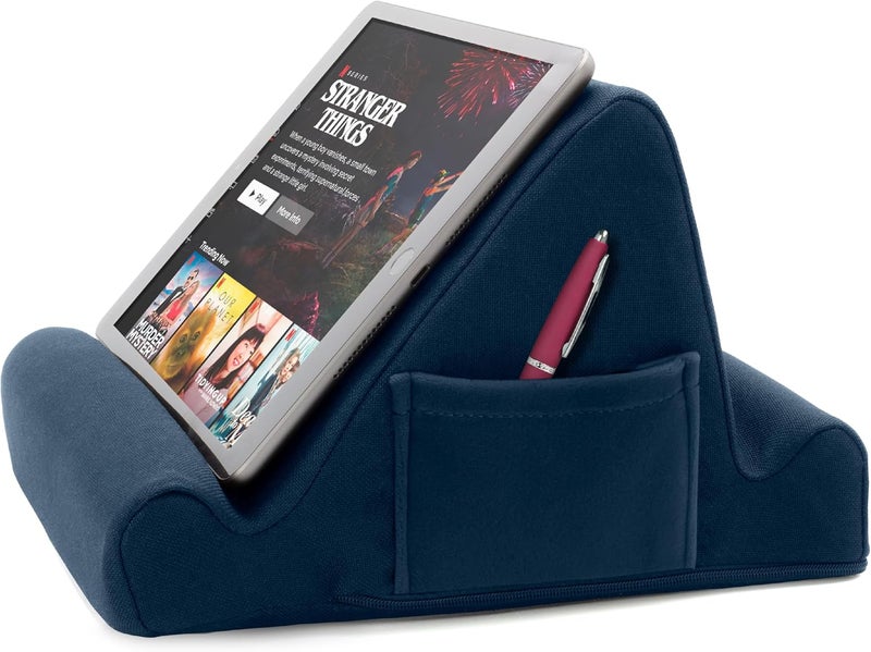 Brookstone , Memory Foam Lap Desk Tablet Holder, Holds Phones, iPads, E-Book Readers, 2 Viewing Angles, 2 Side Pockets for Accessories, Book Holder Cushion, Perfect Home, Car Travel, Flights, Blue - Image 1